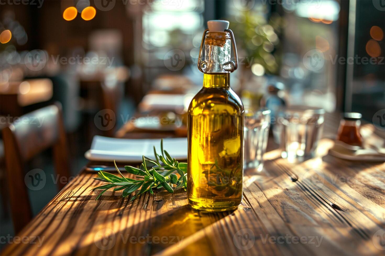 AI generated A glass bottle of olive oil with fresh rosemary on a rustic wooden restaurant table, warmly lit. photo