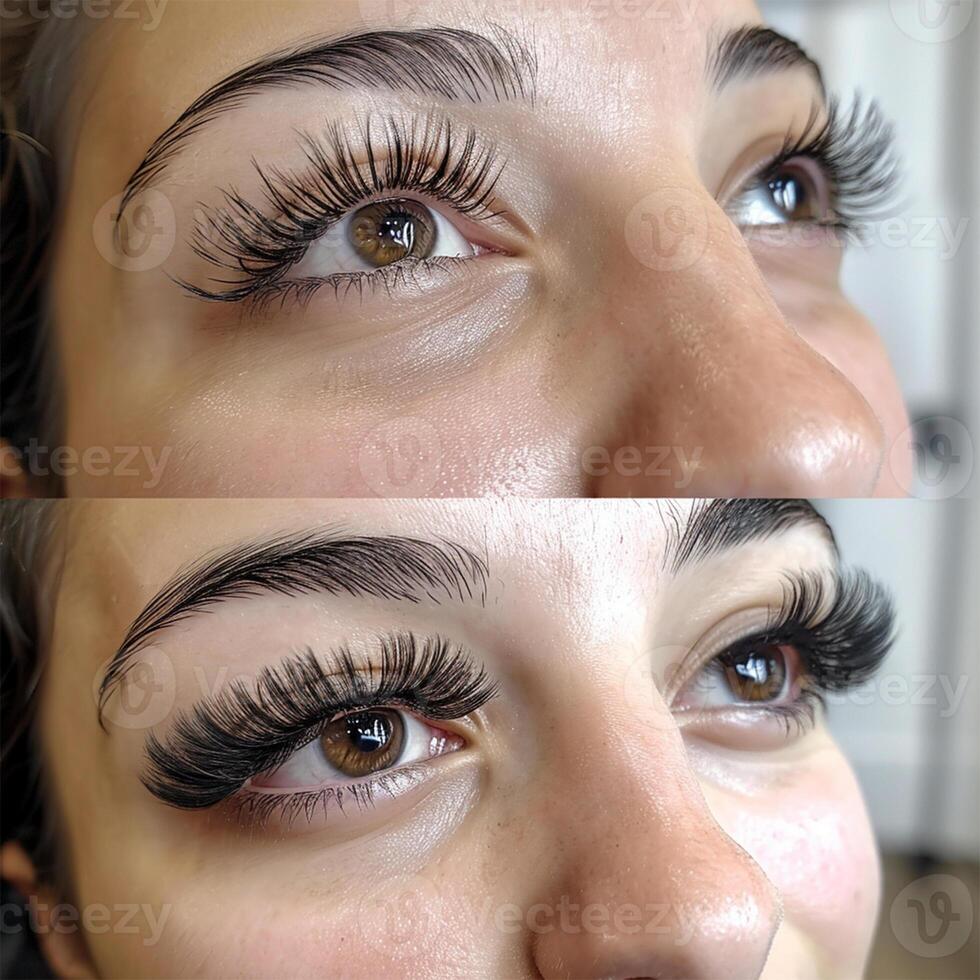 AI generated Close-up of eyelash extensions, before and after application. photo