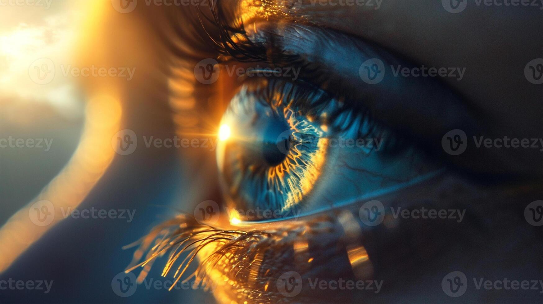 AI generated Close-up of an eye reflecting a radiant sunset. photo