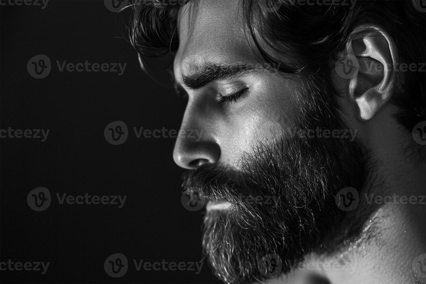 AI Generated Close-up of a bearded man's profile in black and white. photo