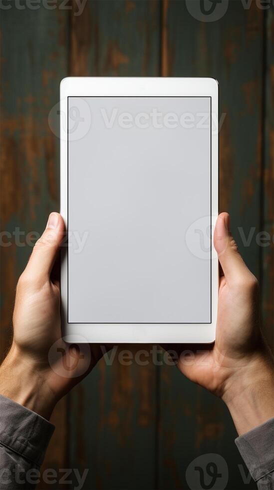 ai generado dos manos participación un vertical tableta con un blanco pantalla, de madera fondo.copiar espacio foto