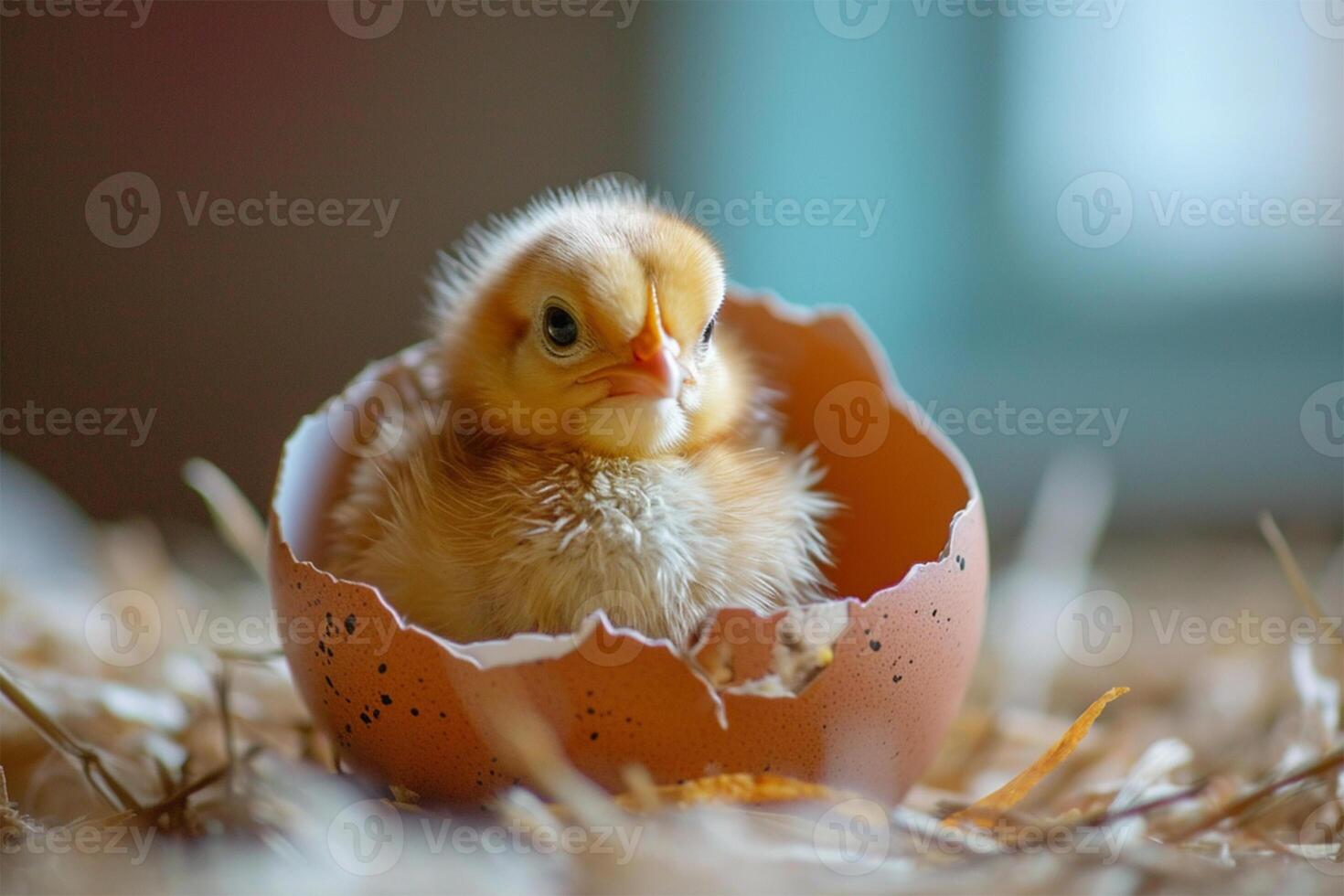 AI Generated  A tiny chick nestled within a broken eggshell. photo