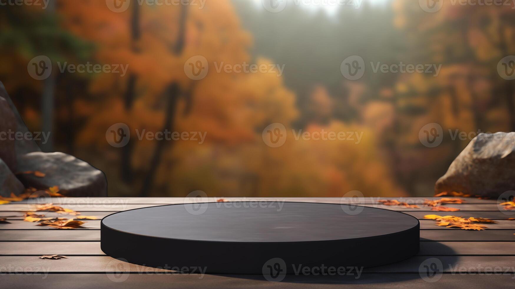 AI generated Empty round black stone podium for product display with blurred autumn forest background. photo