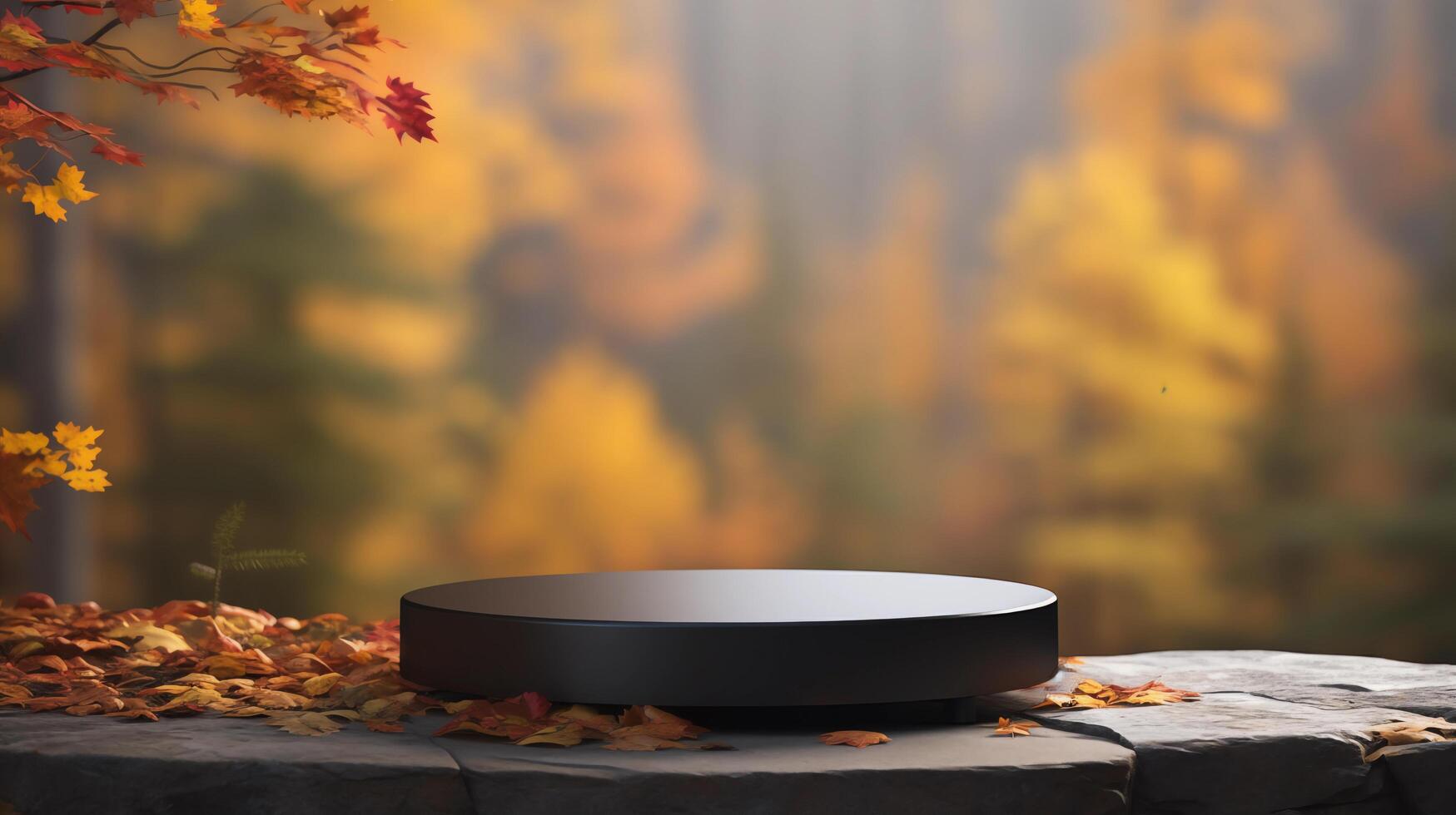 AI generated Empty round black stone podium for product display with blurred autumn forest background. photo