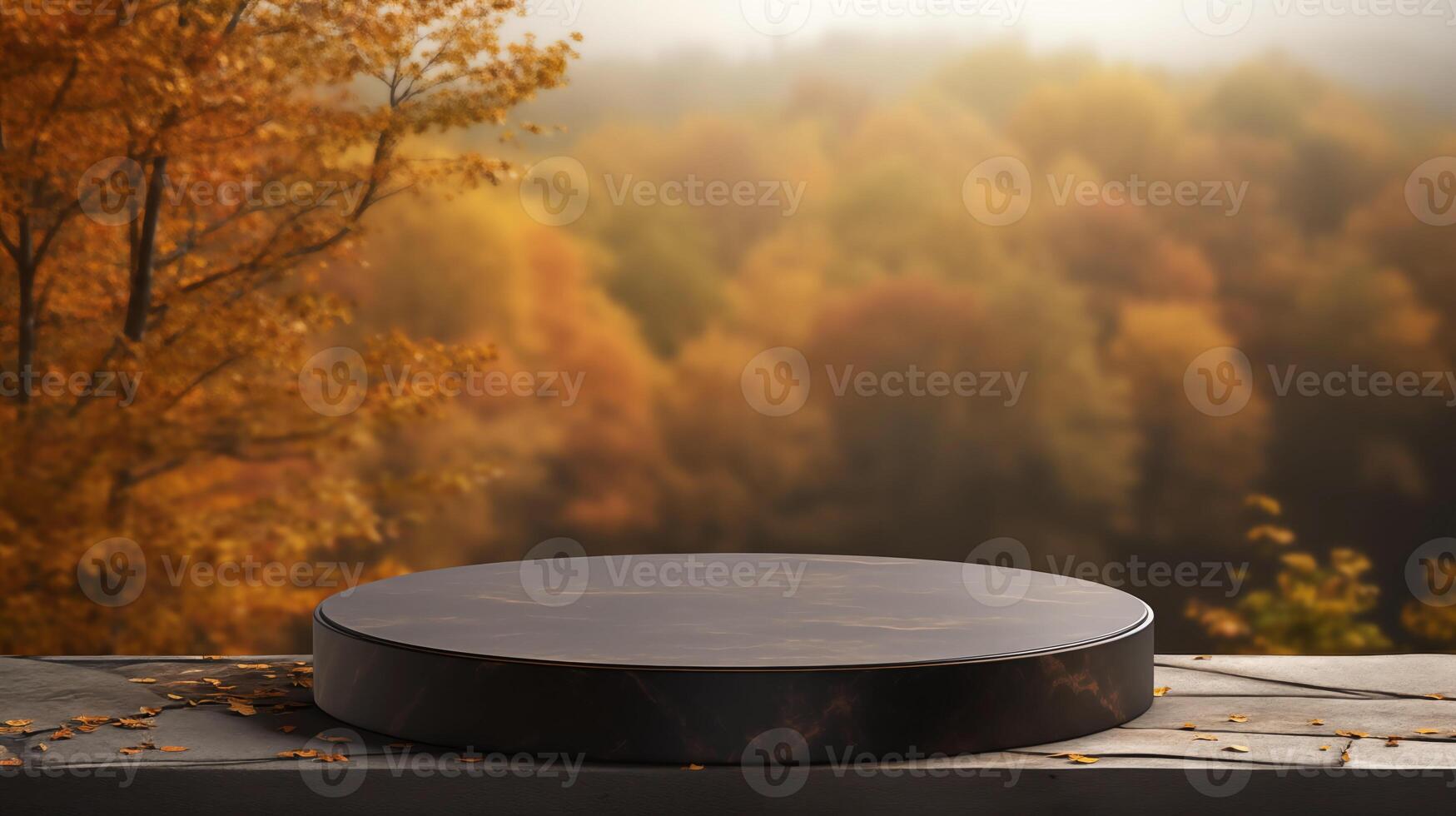 AI generated Empty round black stone podium for product display with blurred autumn forest background. photo