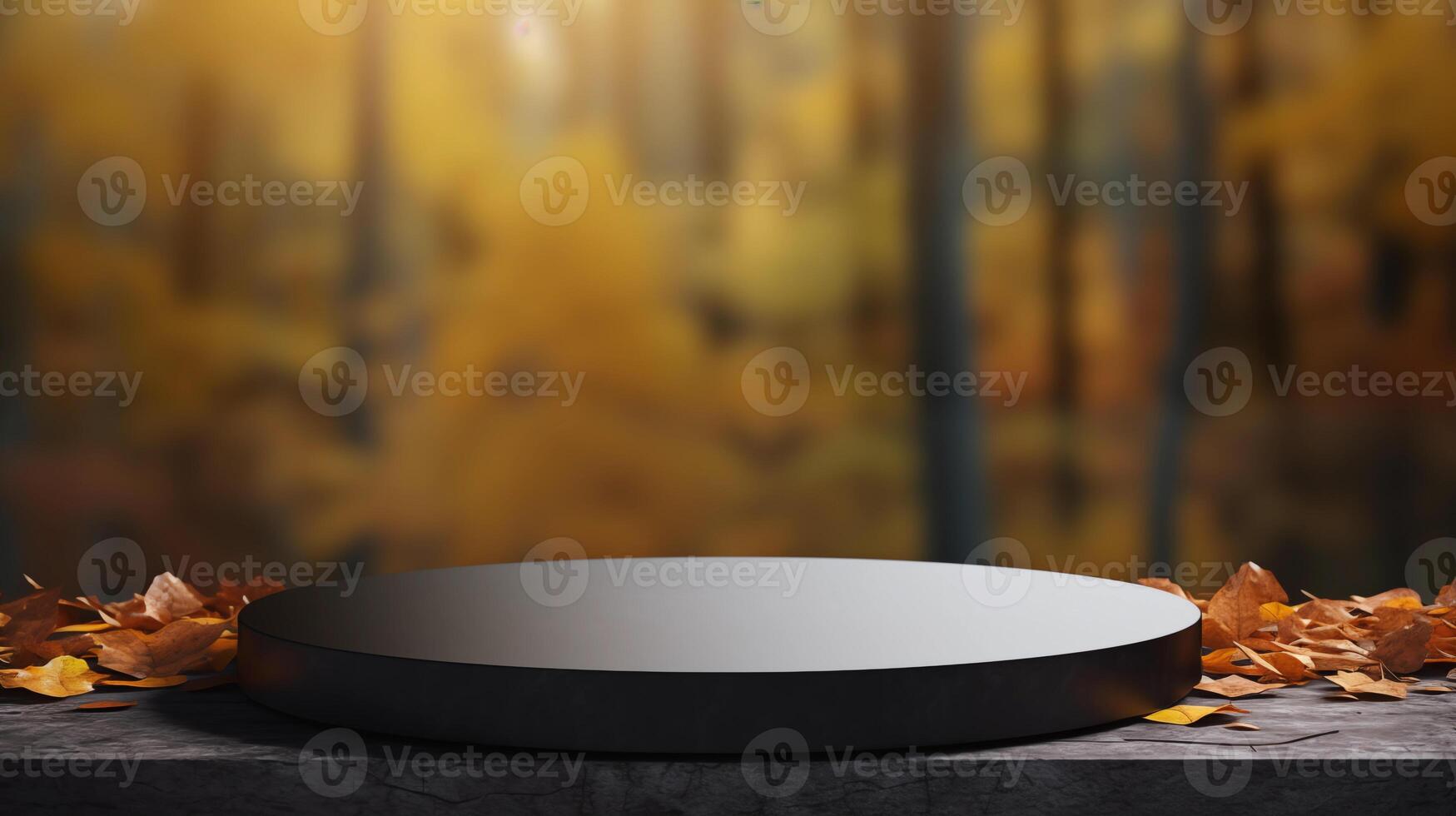 AI generated Empty round black stone podium for product display with blurred autumn forest background. photo