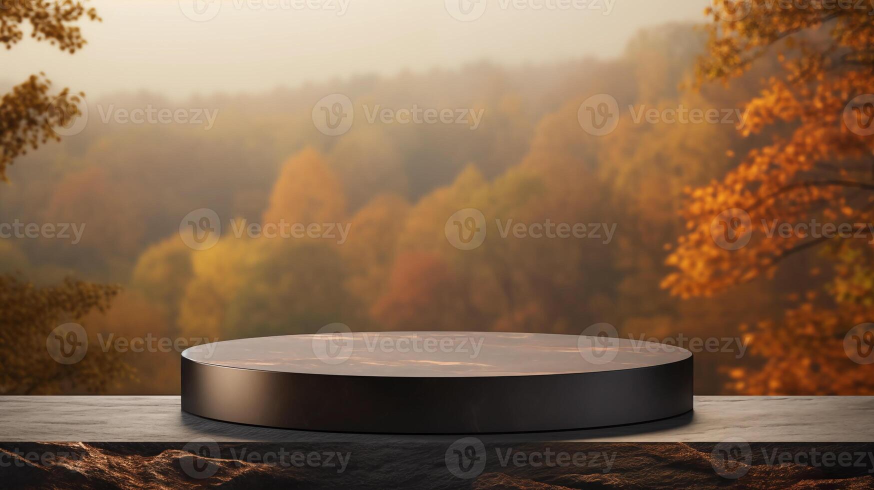 AI generated Empty round black stone podium for product display with blurred autumn forest background. photo