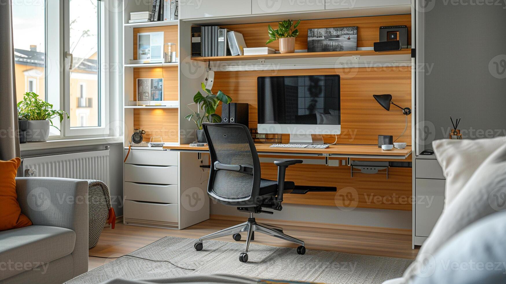 AI generated A cleverly designed small home office setup that maximizes space without sacrificing functionality. It includes a foldable wall-mounted desk, a convertible chair that doubles as storage photo