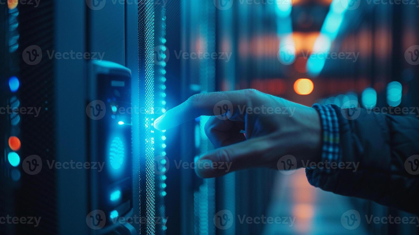 AI generated A closeup scene capturing a security professional's hand undergoing biometric scanning to gain access to a high security data center. The scanner, illuminated in a soft blue light photo