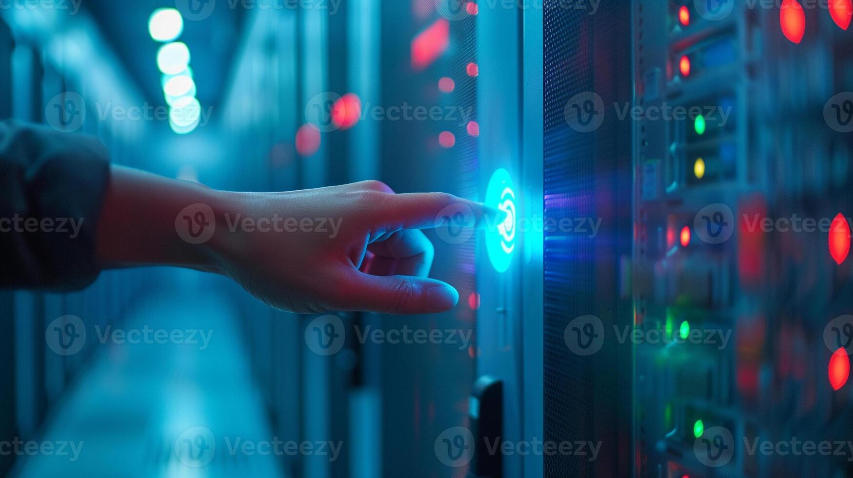 AI generated A close-up security professional's hand undergoing biometric scanning to gain access to a high-security data center. In the blurred background, rows of server racks with flickering photo
