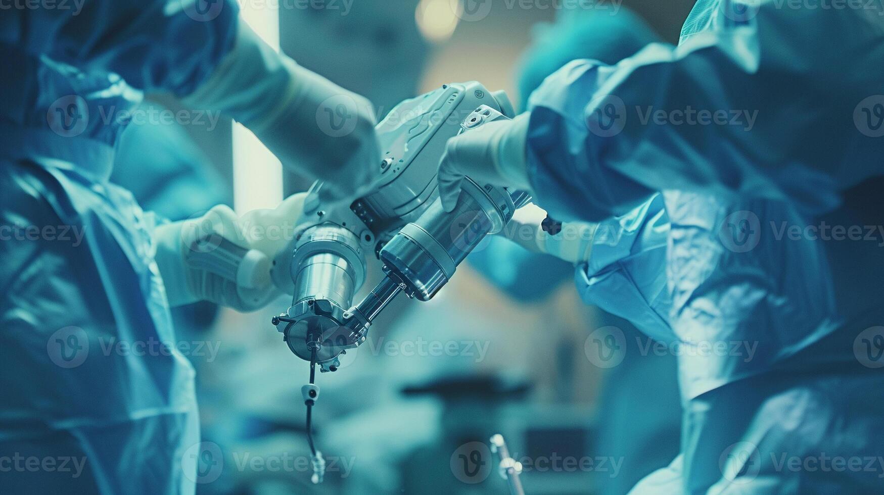 AI generated A close-up scene capturing moment a surgical robot's articulated arm is being guided by surgeon during a complex procedure. emphasize interaction between doctor and robotic equipment photo