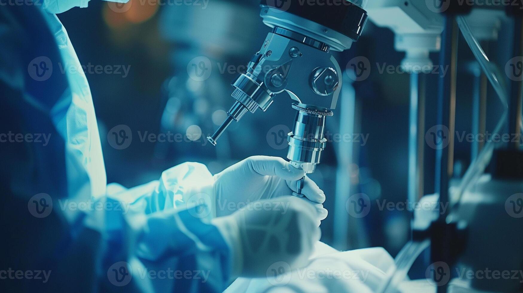 AI generated A close-up view critical moment where a surgeon and a surgical robot work side by side on a patient, illustrating harmonious interaction between human touch and robotic precision. photo