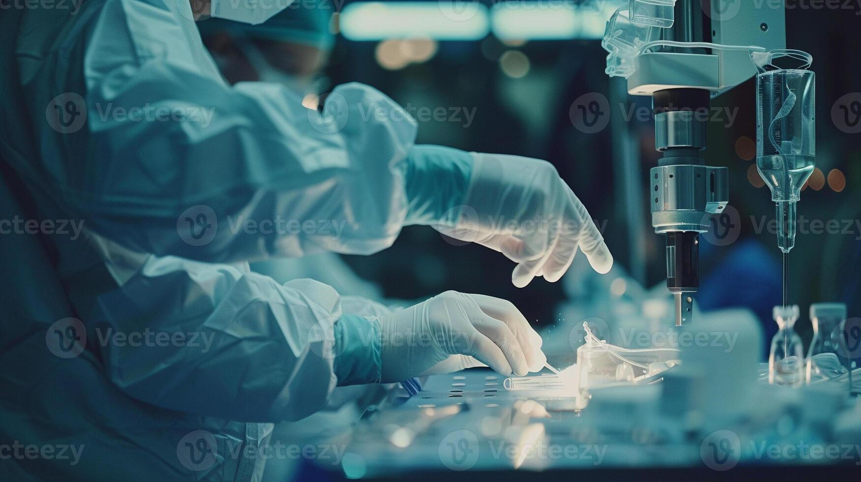 AI generated A close-up view capturing a critical moment where a surgeon and a surgical robot work side by side on a patient, background softly blurs out, symbolizing the future of surgical practices. photo