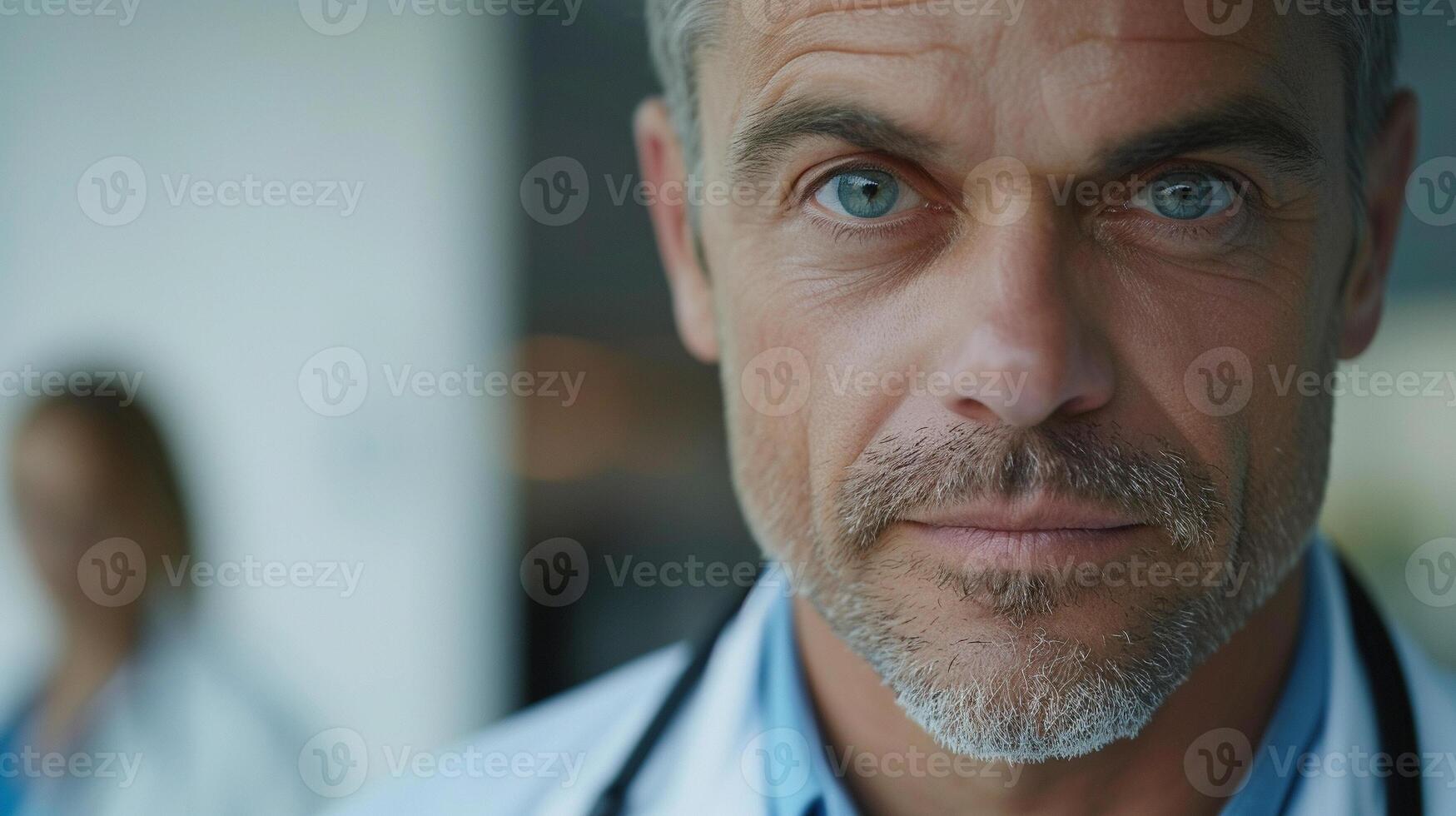 AI generated A close-up of a compassionate male doctor looking directly into the camera, simulating eye contact with a patient during a video call. The doctor's office is subtly photo