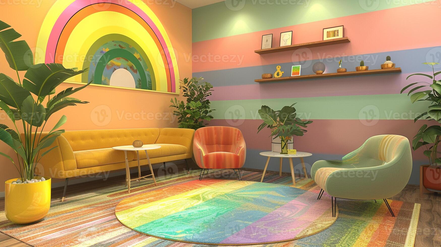 AI generated An LGBTQ therapist's office, designed to be a safe and welcoming space. The room features comfortable seating, rainbow accents, and resources on mental health. photo