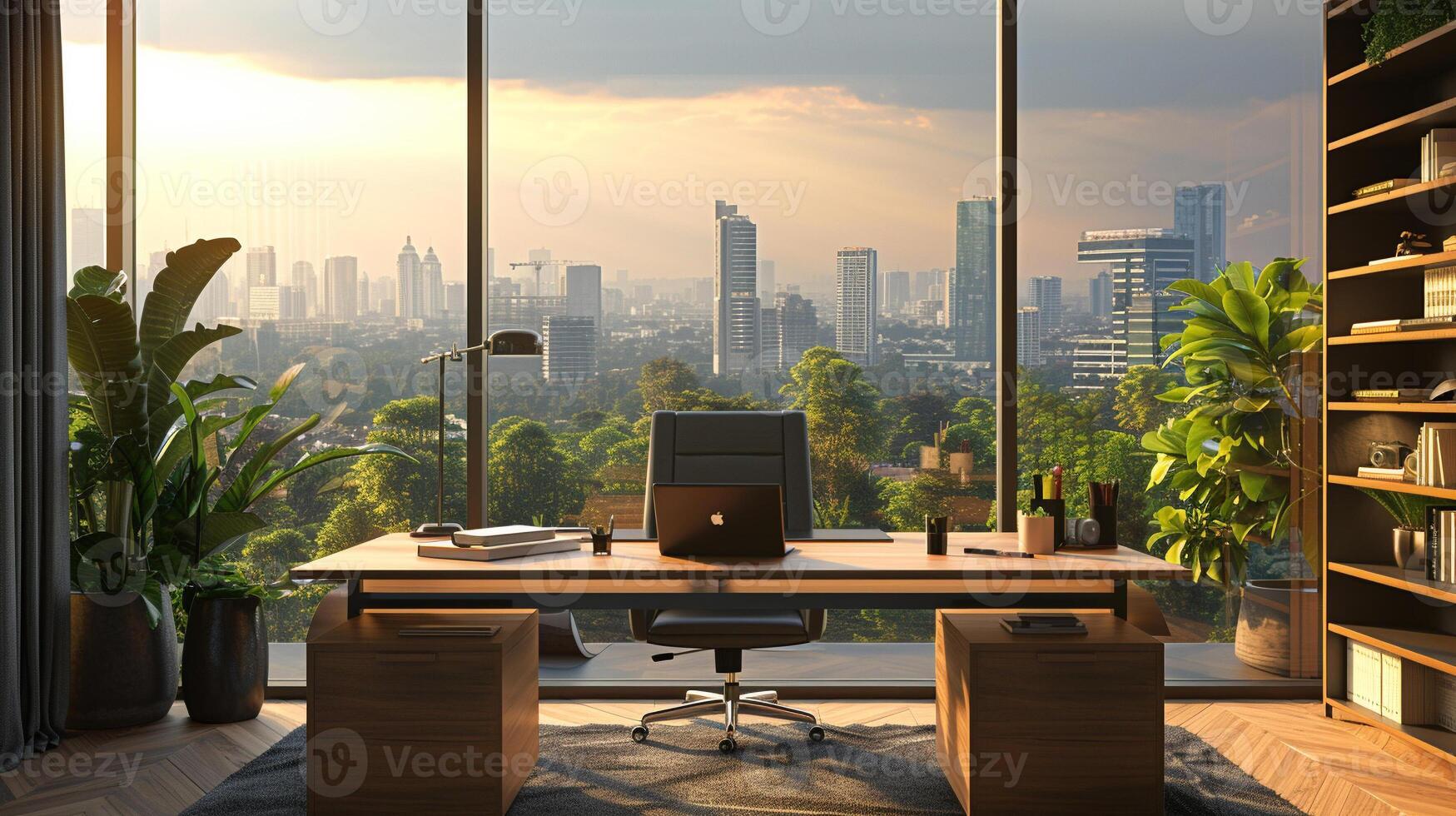AI generated A modern and minimalist home office setup, featuring a sleek desk with a high-performance laptop, ergonomic chair, and organized stationery. photo