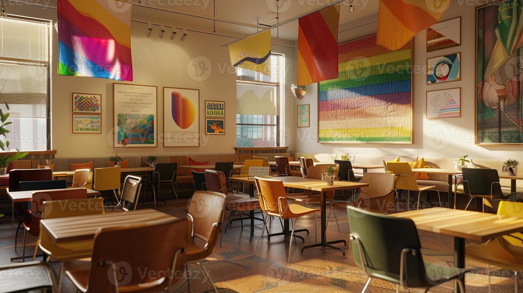 AI generated A cozy LGBTQ friendly where individuals gather for a mental health workshop. The cafe is adorned with artwork celebrating diversity, and the atmosphere is warm and inviting. photo