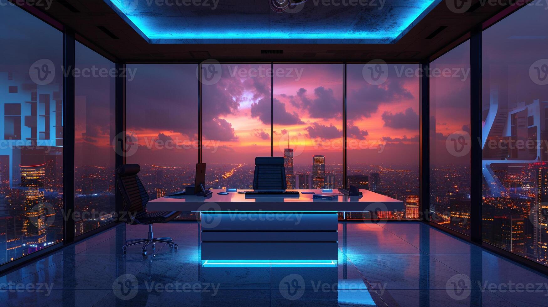 AI generated minimalist, futuristic home office, floating desk, transparent holographic displays, voice controlled lighting. room has panoramic view of futuristic city, blending work photo