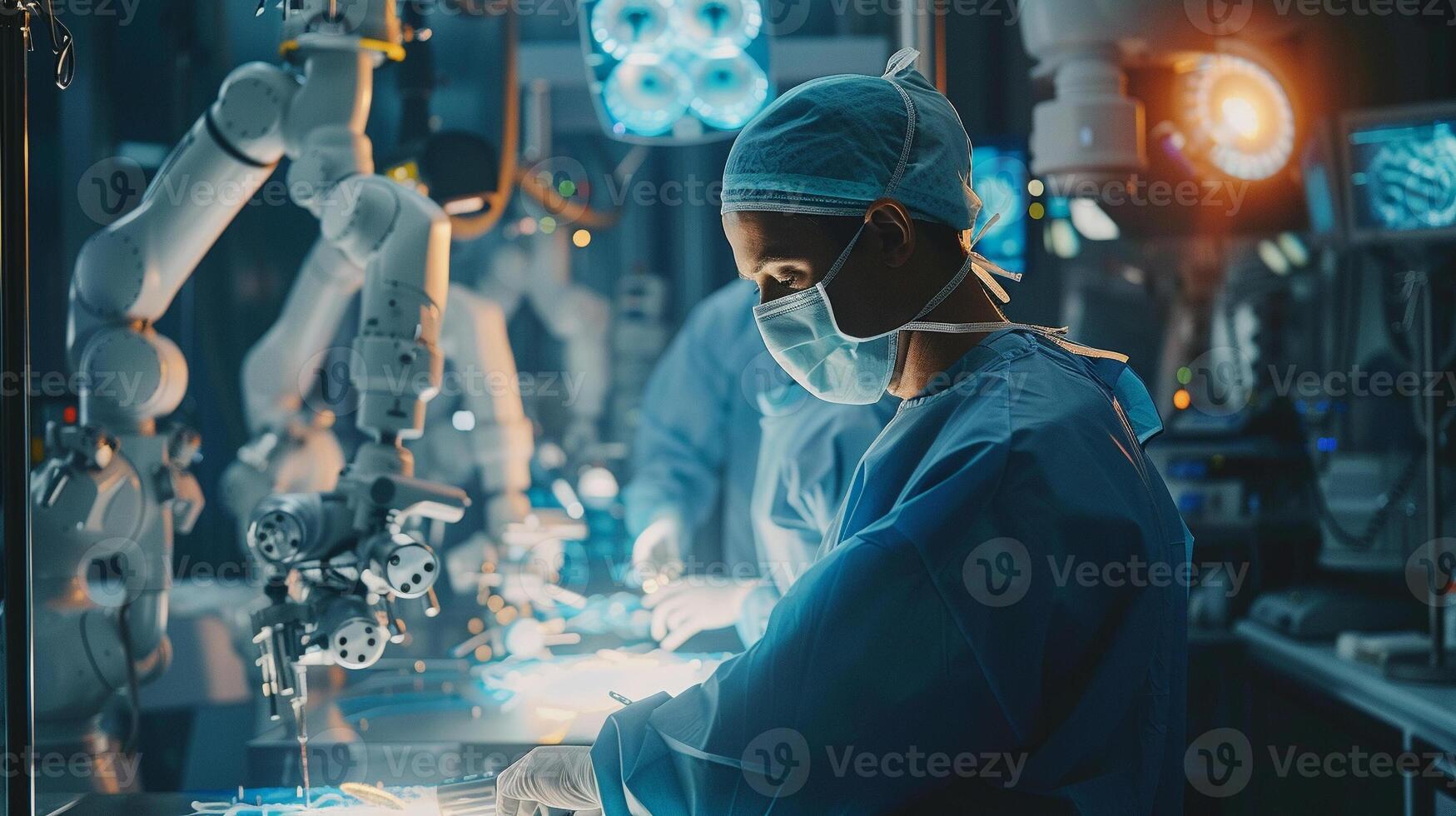 AI generated The surgeon, visible in foreground, is intently monitoring and controlling robotic arms via a high tech console, showcasing a seamless blend of concentration, precision photo