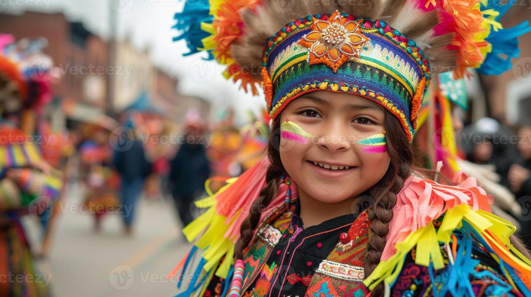 AI generated Young Girl in Traditional Festival Costume Smiling. A cheerful young girl adorned in a vibrant, traditional festival costume with colorful feathers and face paint, celebrating cultural photo