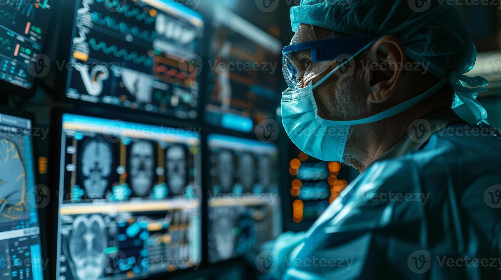 AI generated Surgeon Analyzing Patient Data on Surgical Monitors. A surgeon in full scrubs gazes at a bank of surgical monitors displaying vital patient data and complex medical photo