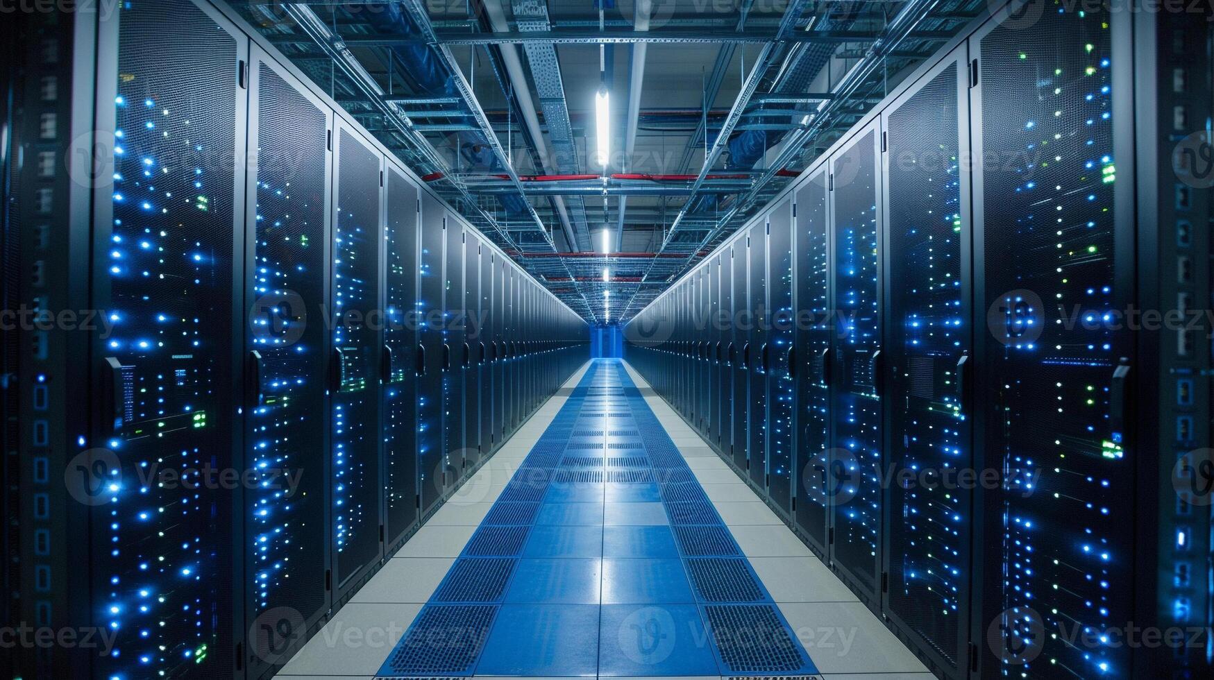 AI generated Modern Data Center Server Room with Blue Lights. Interior of a data center server room with rows of racks and blue LED lights, illustrating modern digital infrastructure. photo