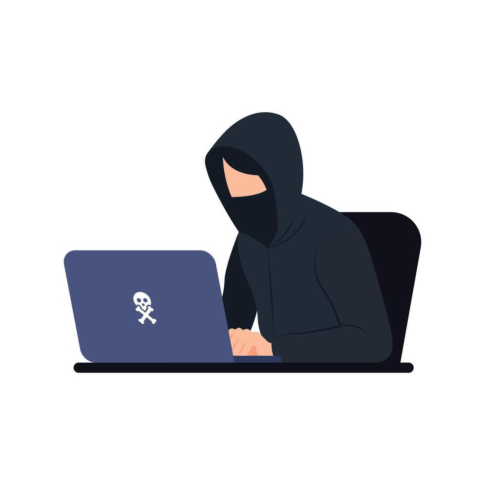 Hacker and cyber criminal stealing confidential data with laptop computer vector