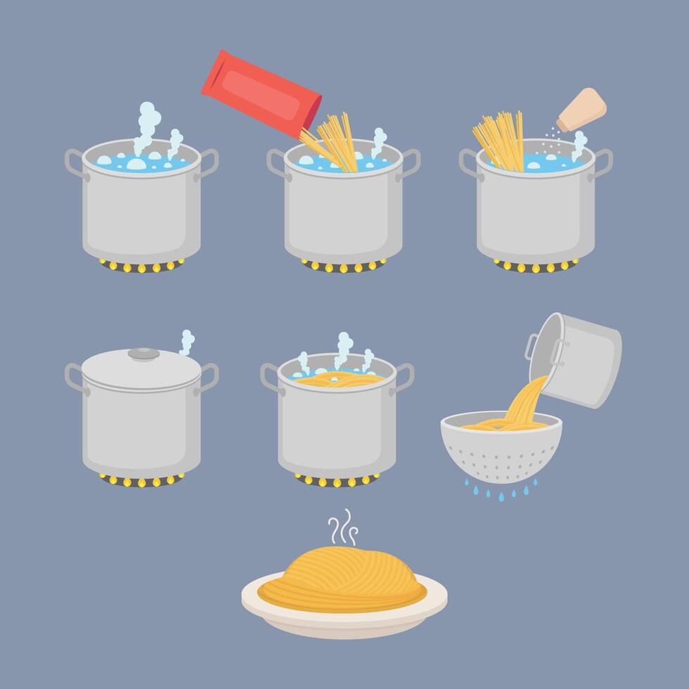 instrucción pasos para Cocinando espaguetis en maceta vector ilustración