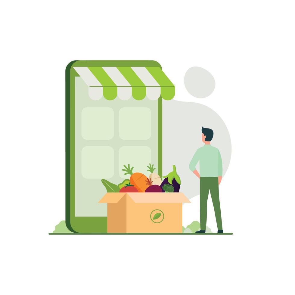 en línea vegetales mercado en teléfono inteligente a apoyo granjero y local producto vector