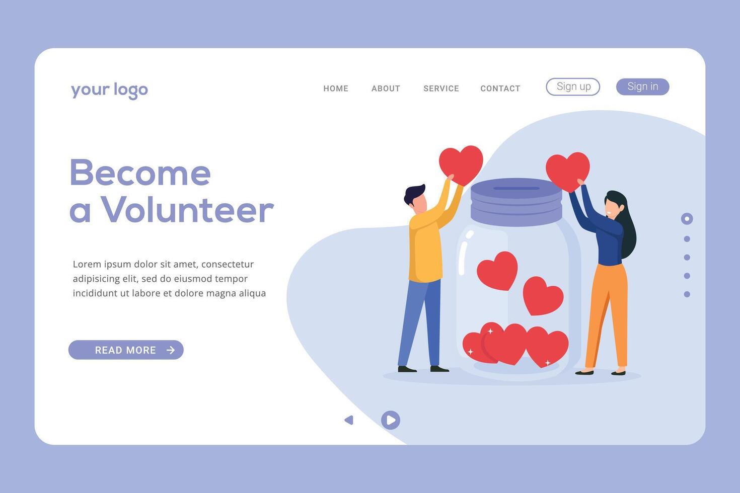 Web page design templates for volunteering and support donation. Landing page template charity concept illustration vector