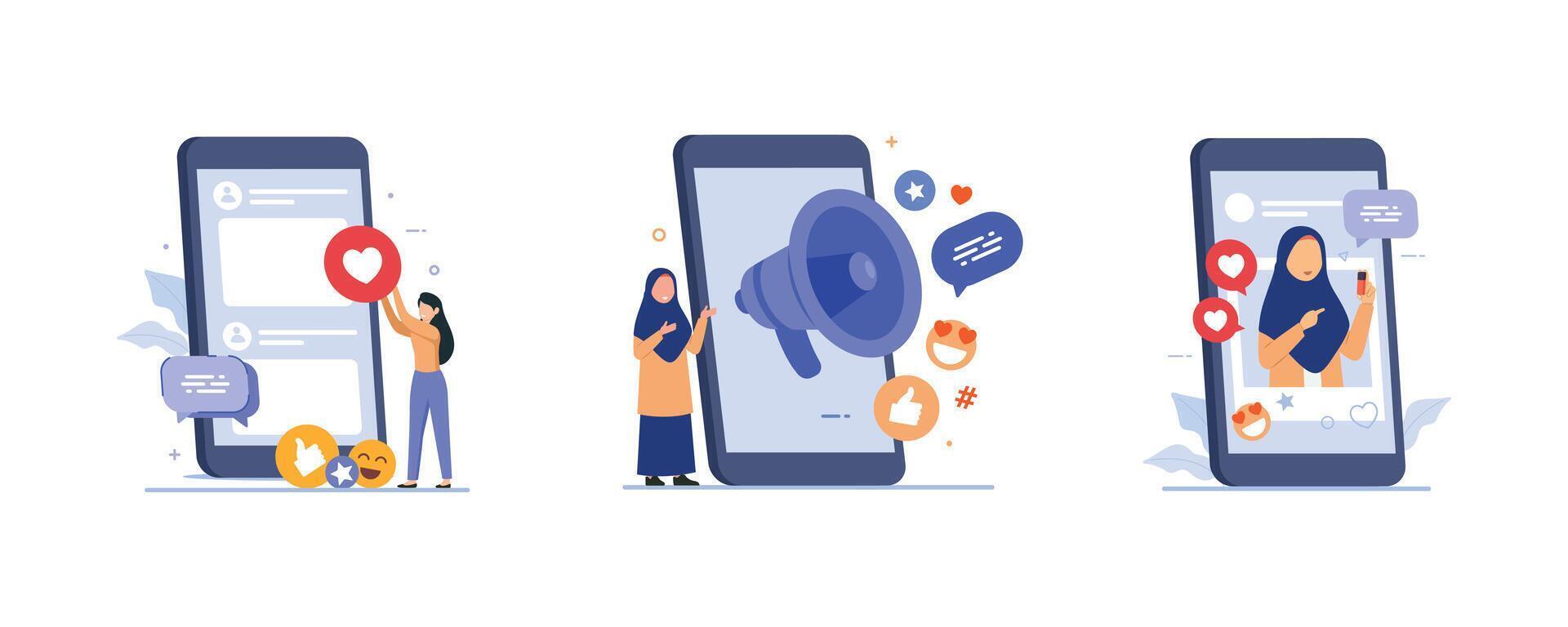 Social media communication concept showing people bringing likes and reaction on post vector
