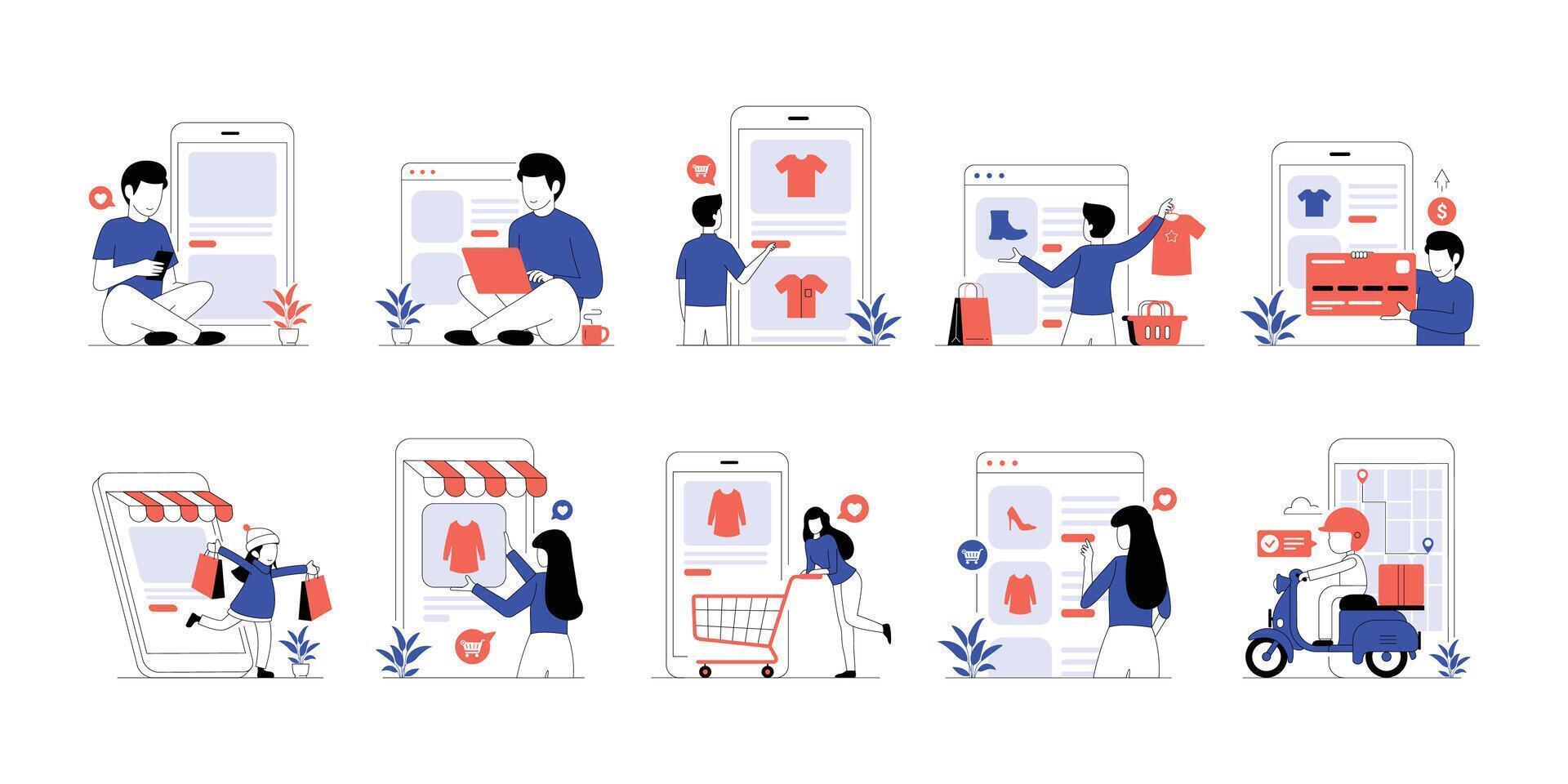 Online shopping activities concept illustration vector
