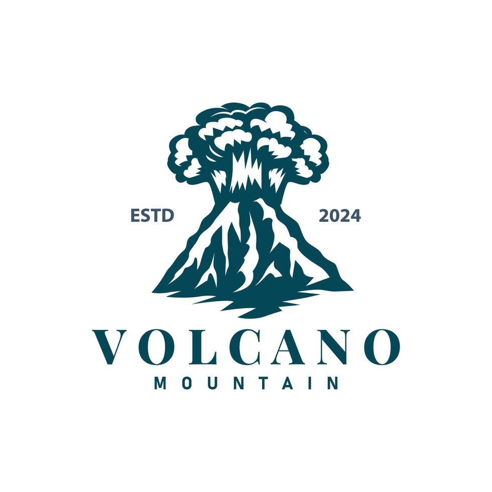 volcán logo ilustración silueta diseño volcán montaña en erupción con sencillo rocas y lava vector
