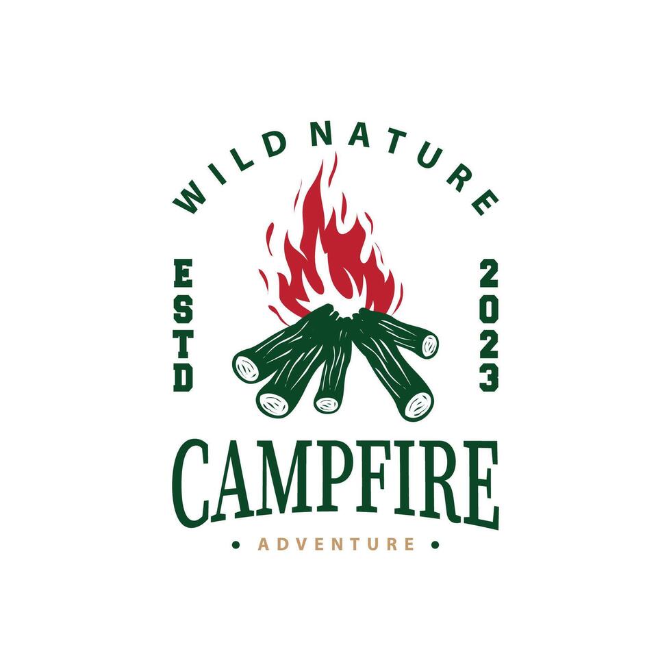 Design wood and fire, logo campfire bonfire vector camping adventure vintage illustration