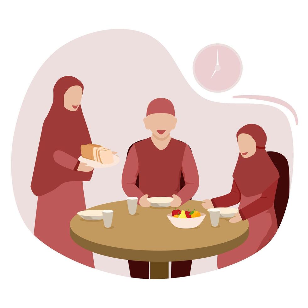 ilustración de musulmán familia teniendo Ramadán comidas juntos para descanso ayuno. familia preparando para comida vector