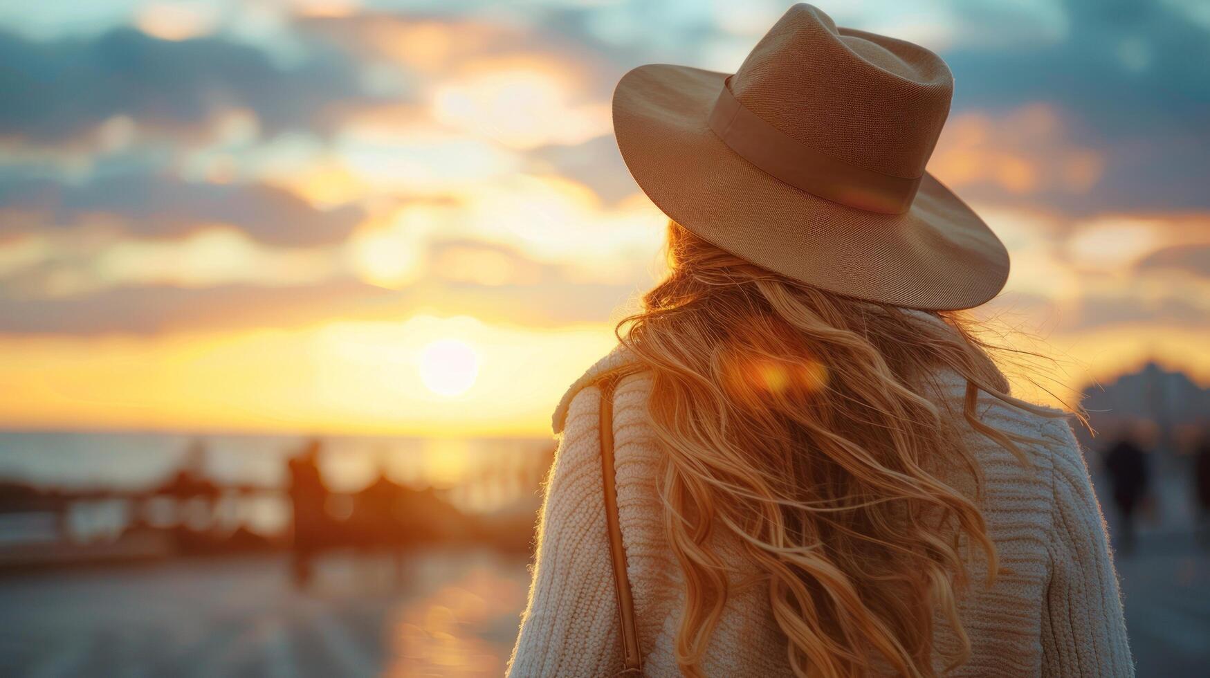 AI generated A slender young woman in a hat and coat is seen from behind as she strolls down the street on a sunny spring day photo