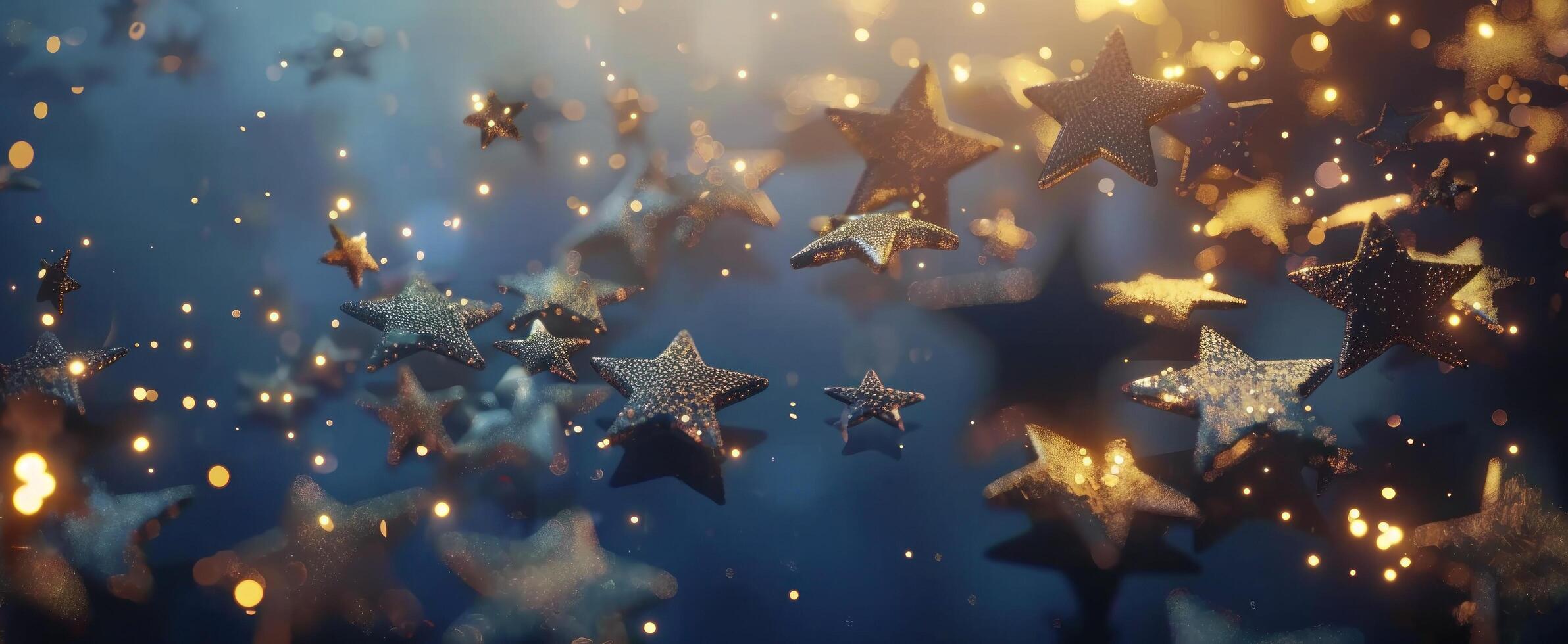 AI generated a blue night sky with many gold stars floating in the air photo