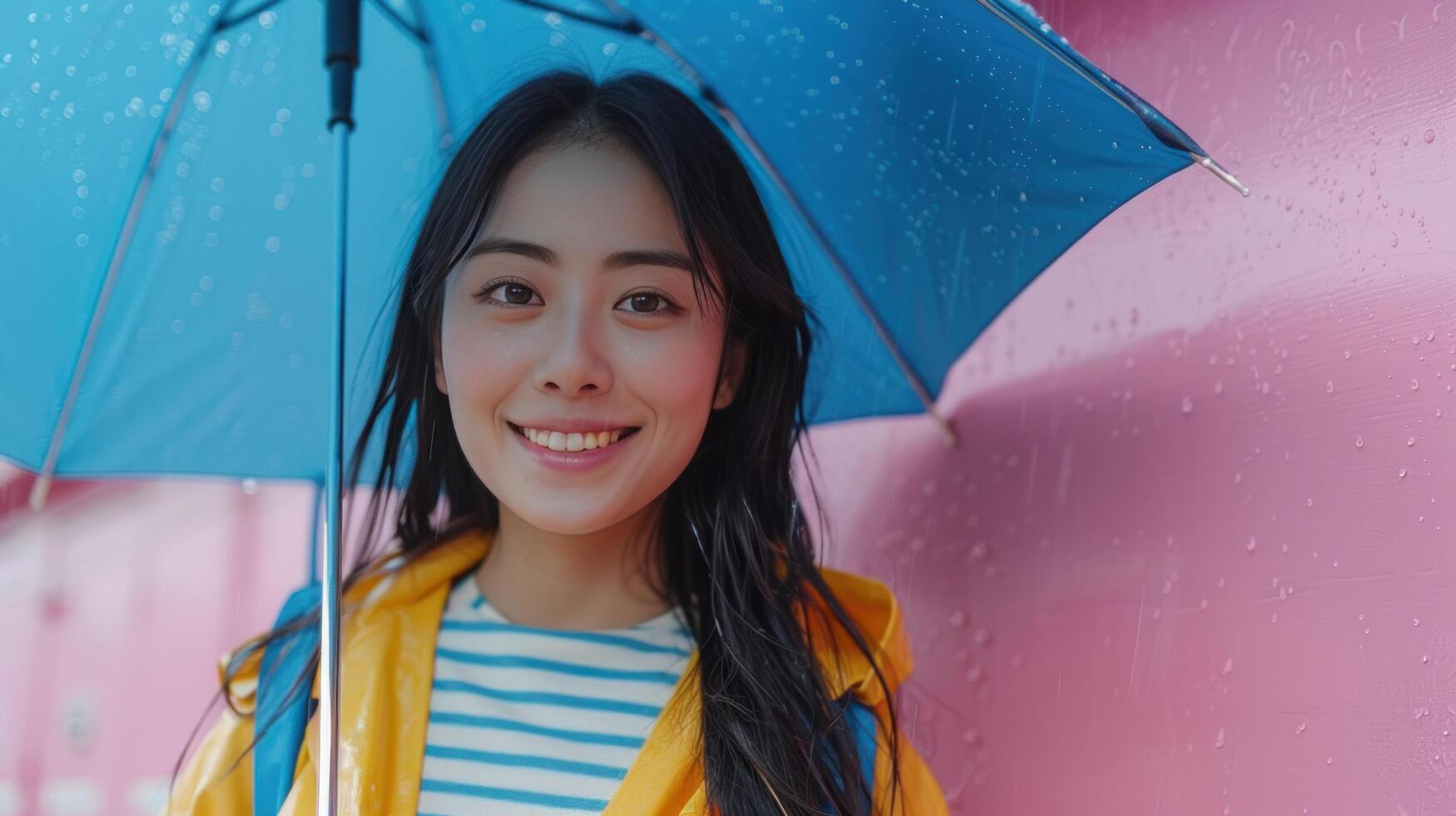 AI generated Smiling Asian Woman with Blue Umbrella photo