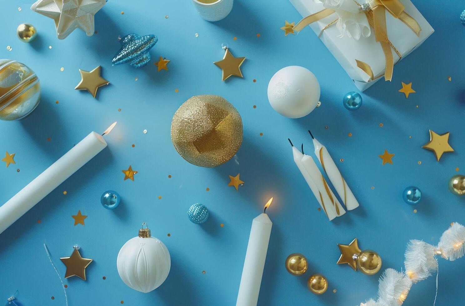 AI generated a blue background with various hanukkah decorations photo