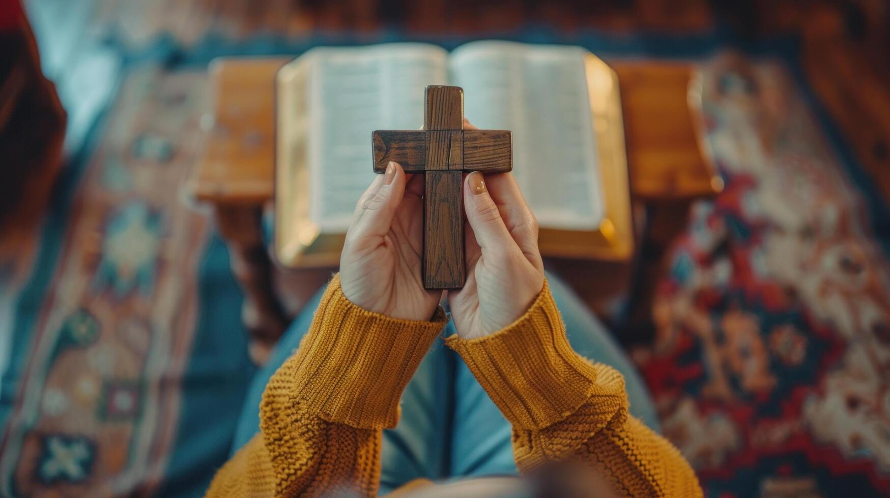 AI generated A woman who believes in a higher power is pictured holding a wooden cross on an open holy bible placed photo