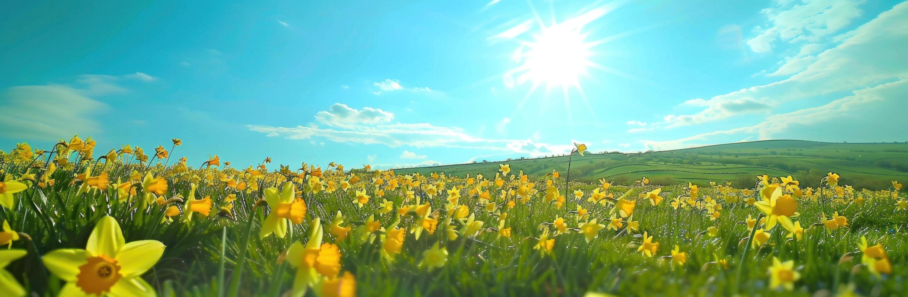 ai generado un primavera campo con amarillo narcisos, un azul cielo y Dom foto