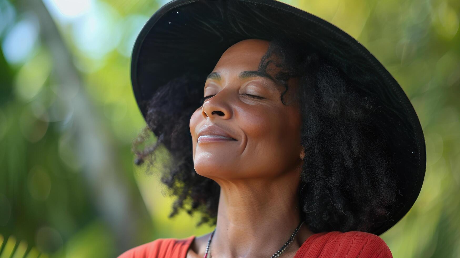 AI generated A close-up of a serene woman in a large black summer hat and a relaxed red shirt, shutting her eyes in contentment photo