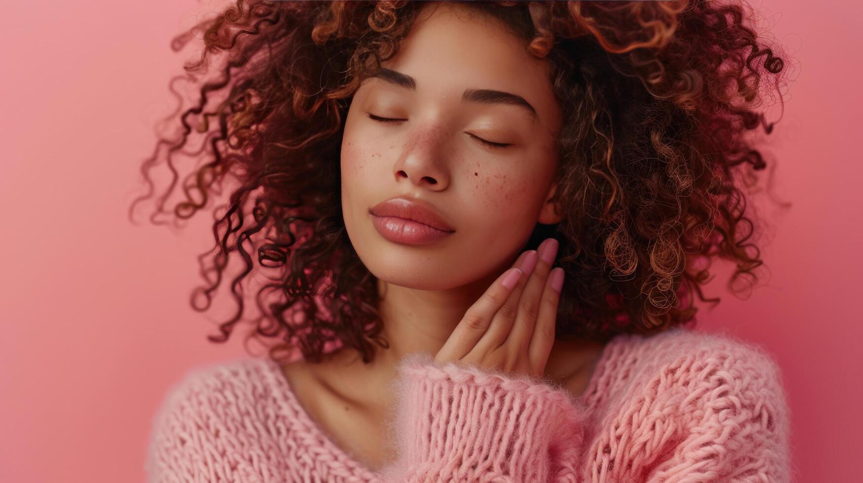 AI generated Grateful Young Woman in Pink Sweater photo