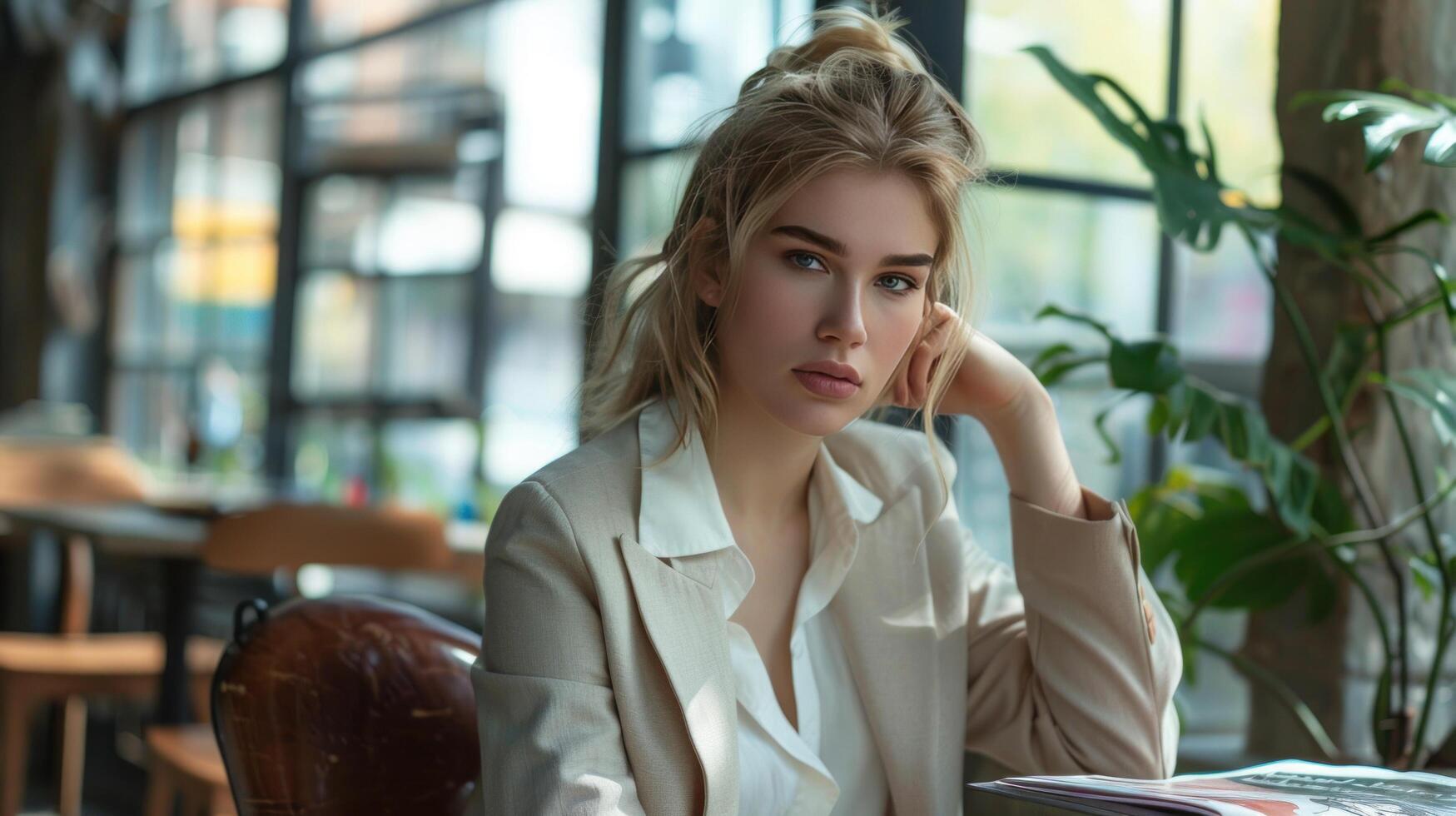 AI generated Focused Businesswoman at Cafe photo