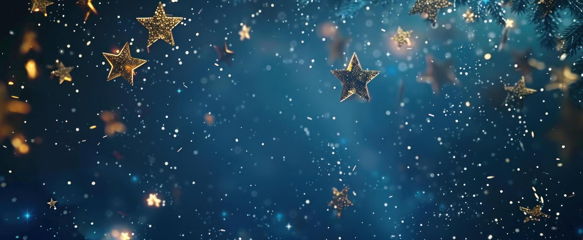 AI generated a blue night sky with many gold stars floating in the air photo