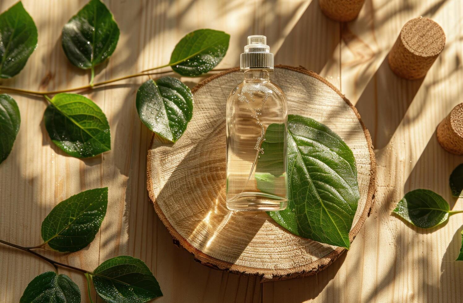 AI generated a bottle of facial spray on wood and a slice of green leaf photo