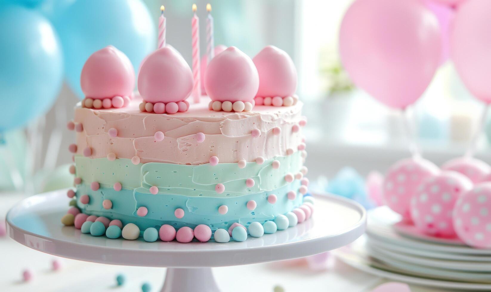 AI generated a colorful birthday cake with balloons is in the background photo