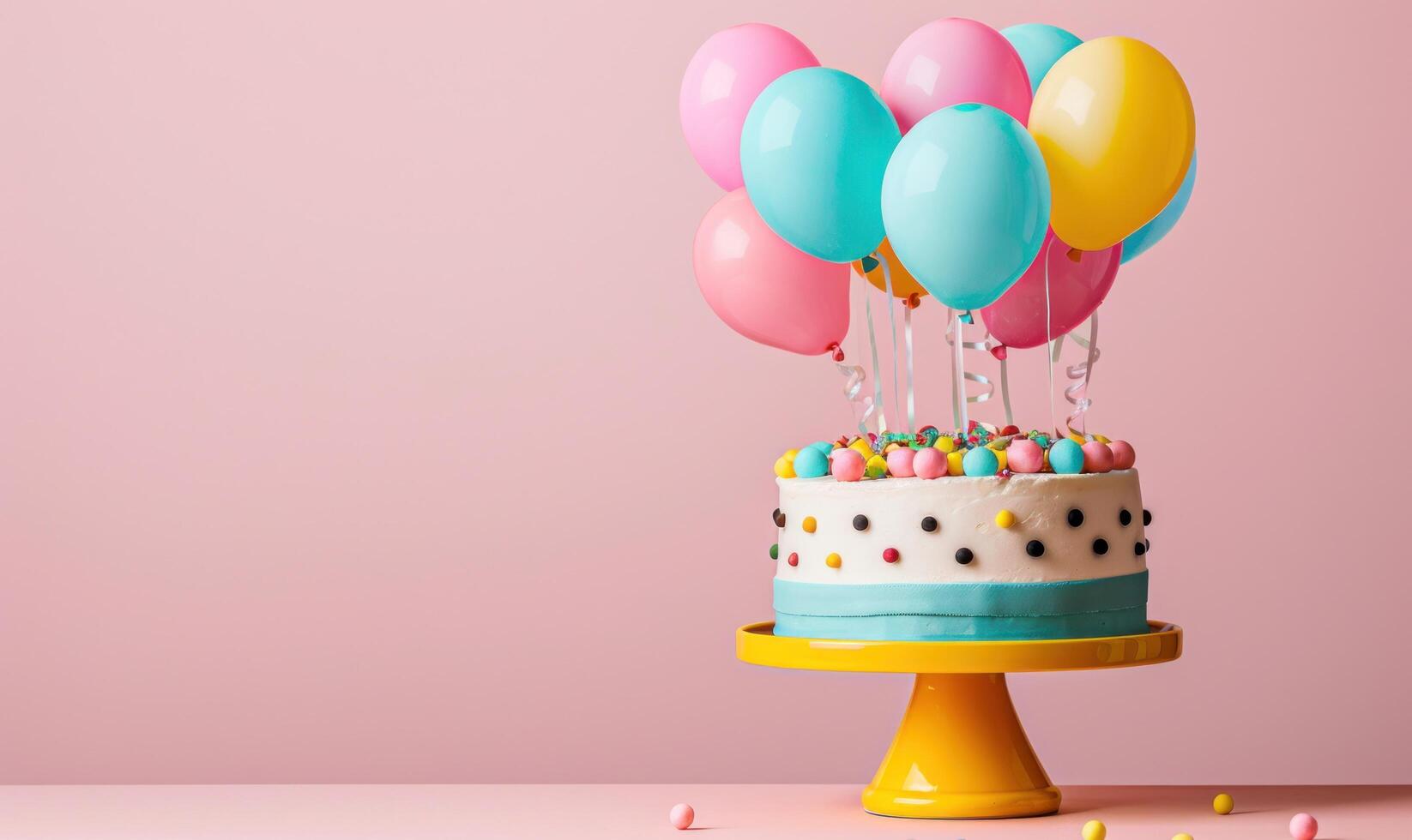 ai generado un cumpleaños pastel con vistoso globos en parte superior foto