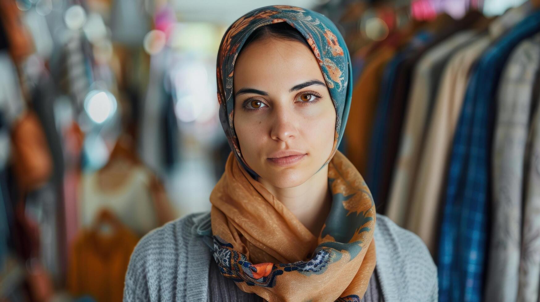 AI generated Contemplative Woman in Patterned Scarf photo