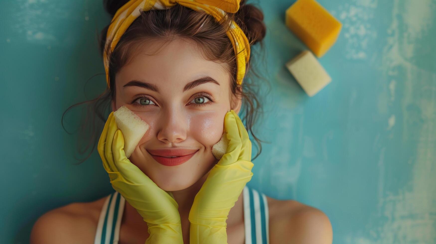 AI generated A delightful and charming young Caucasian woman, dressed in a yellow headband, green rubber gloves photo